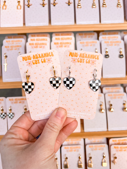 Silver & Gold Plated Checkered Black/White Heart Huggies